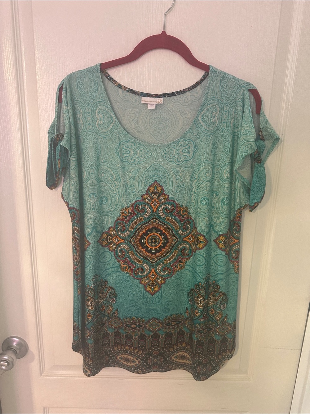 Paisley Cold-Shoulder Tunic Top in Teal by Westport 1962